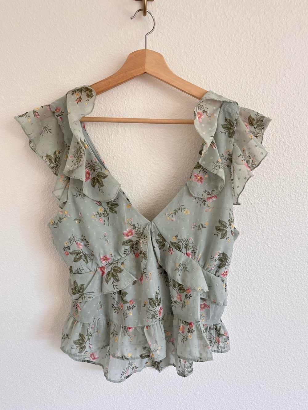 Trixxi Sage Green Floral Ruffle V-Neck Blouse